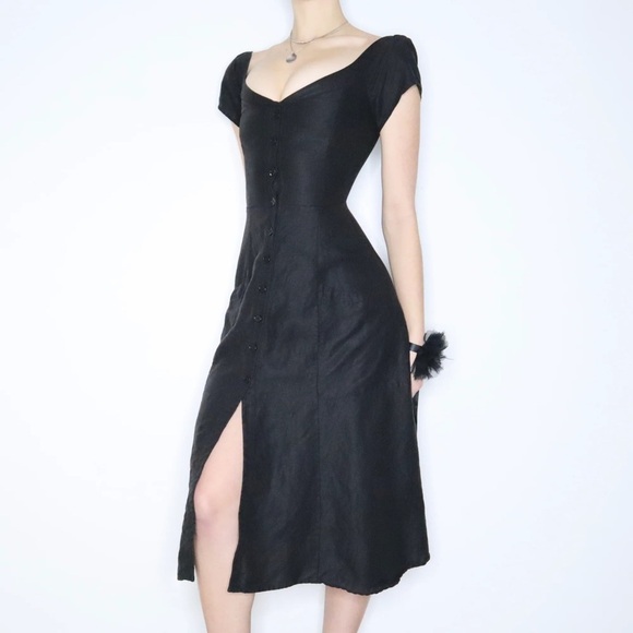 Reformation Linen Off Shoulder Black Midi Dress Sz2 - Picture 2 of 9